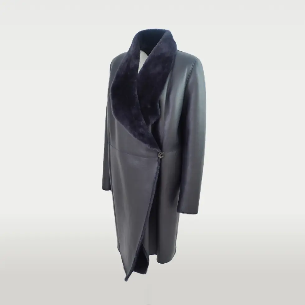 Thumbnail: Women's black shearling coat side view.