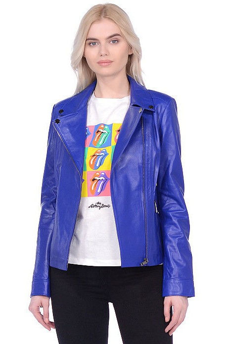 Thumbnail: A woman wearing a blue leather biker jacket—front view, jacket unzipped.