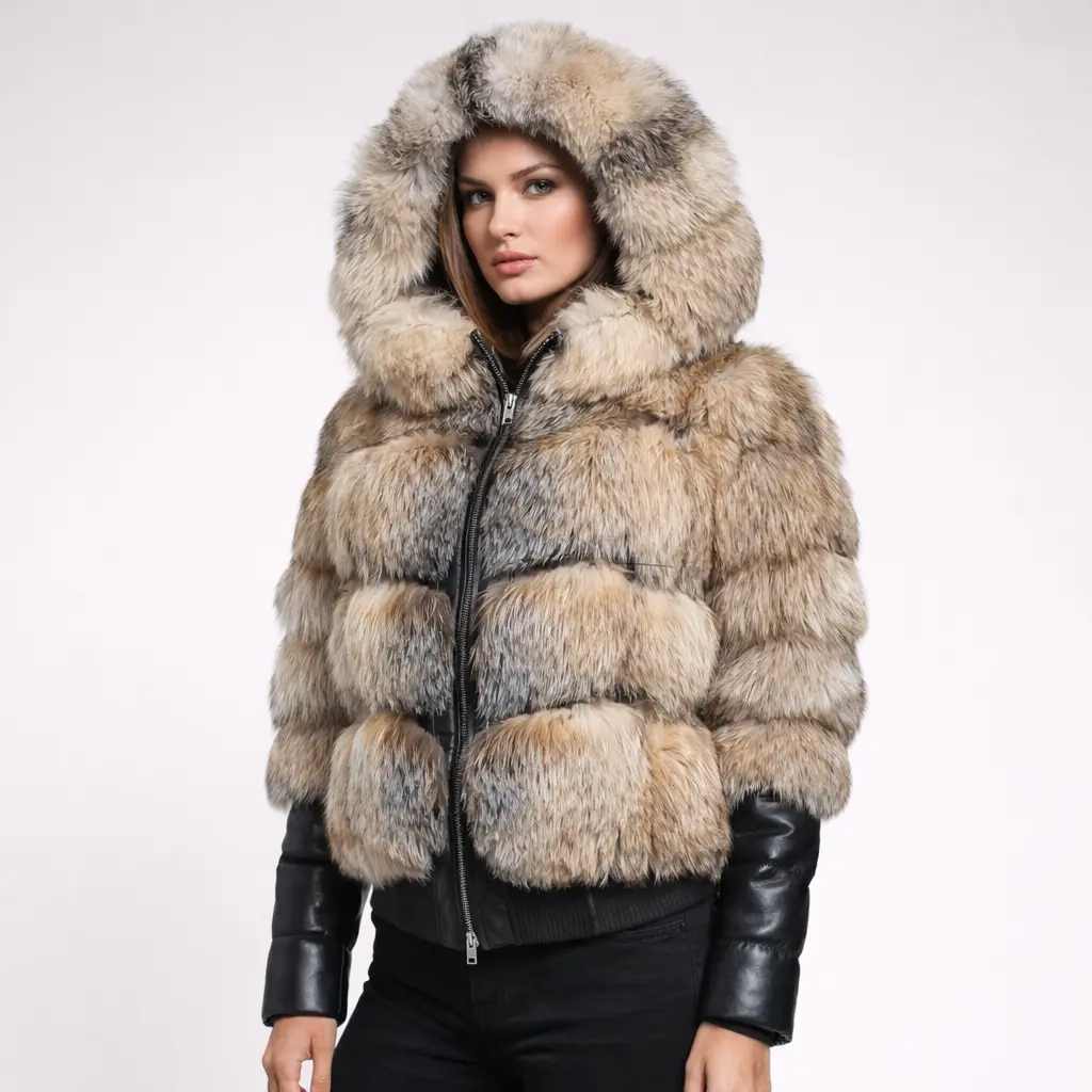 A woman wearing a fox fur jacket with hood, front view