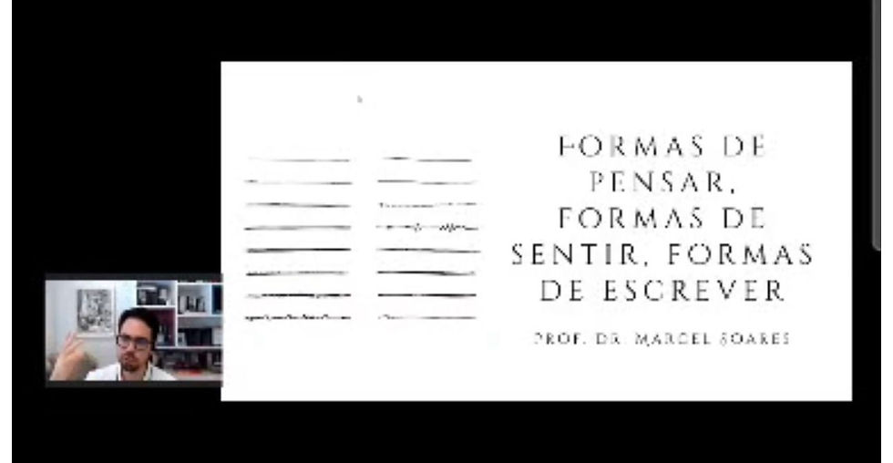 Slide de aula do Prof. Dr. Marcel Soares na Pós-Graduação em Gestalt-Terapia, com o tema formas de pensar, sentir e escrever.