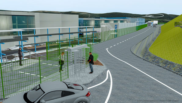3D-Visualisierung einer modernen Industrie- und Verkehrsinfrastruktur mit Sicherheitszaun