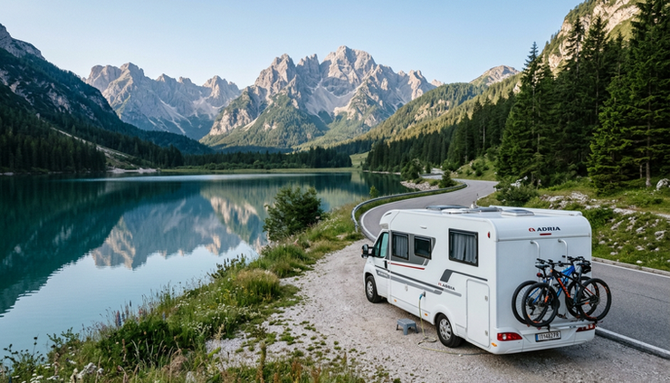 Wide-angle view of a compact motorhome on a quiet European lakeside road.