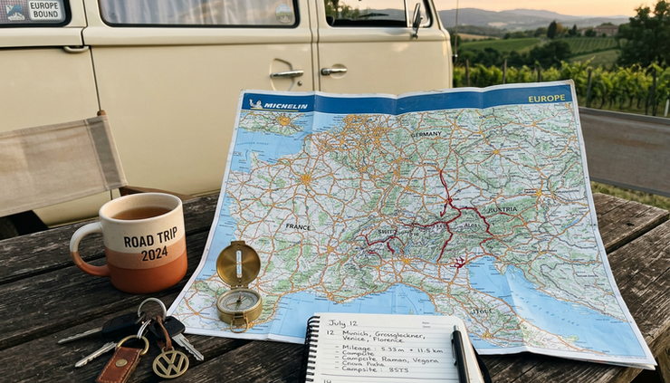 High-angle view of a travel map, keys, and notes on a wooden camping table.