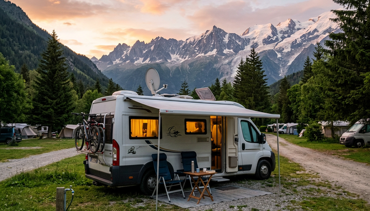 Wide-angle view of a motorhome parked at a quiet campsite near mountains at sunset.