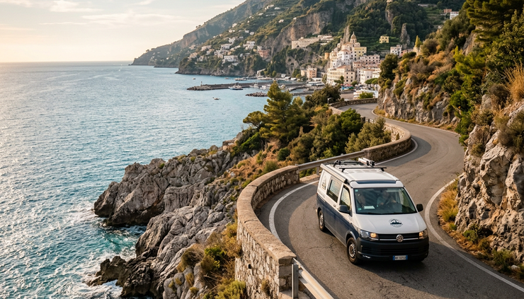 Eye-level view of a motorhome driving along a narrow coastal road in southern Europe.