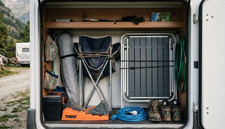 Close-up of a motorhome storage garage with camping chairs and travel gear neatly packed.