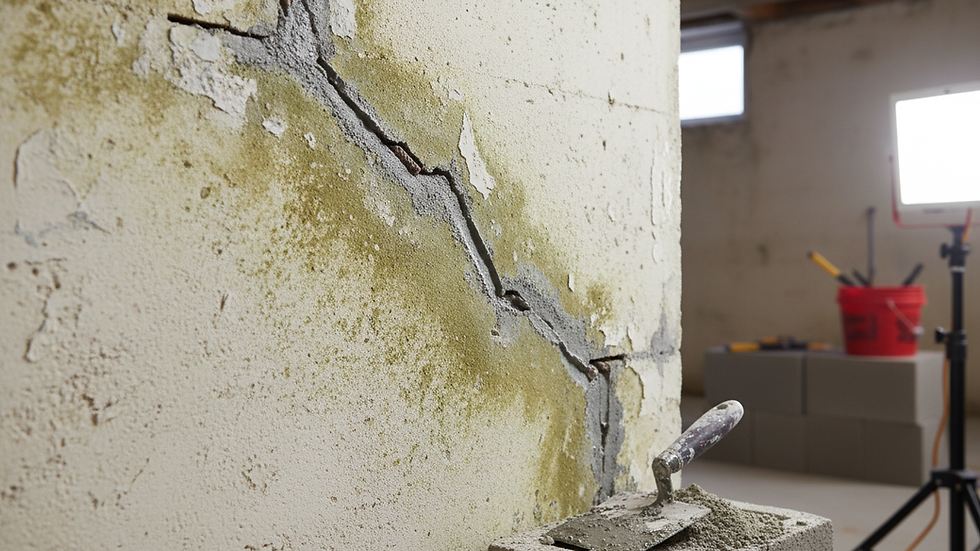 Close-up view of a basement wall with a visible foundation crack