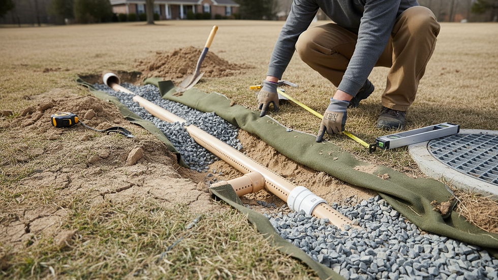 High angle view of a professional inspecting a yard drainage system