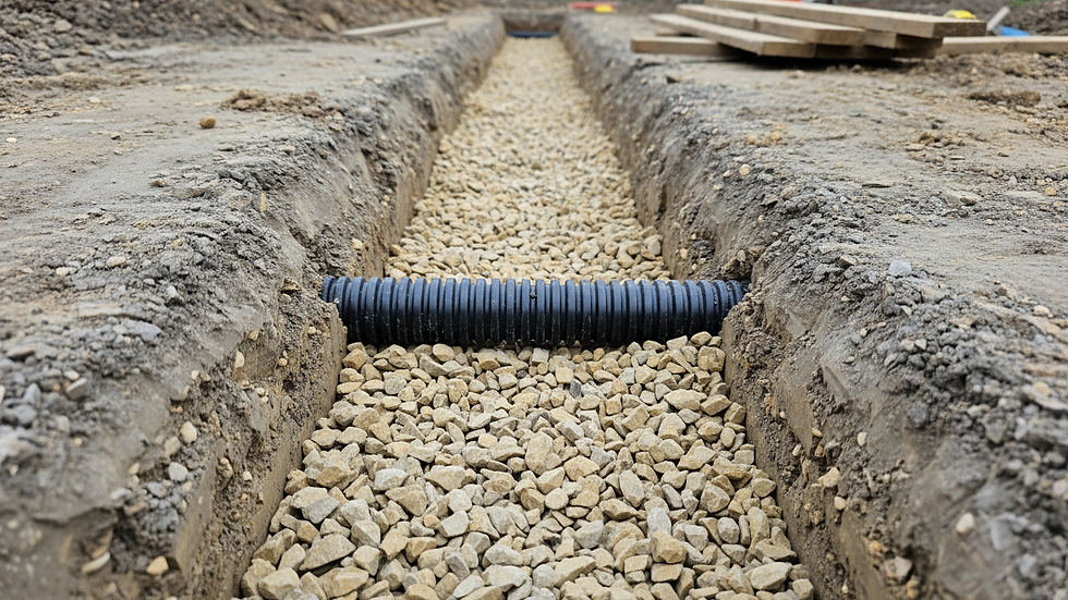 High angle view of a gravel-filled trench with a perforated pipe for drainage