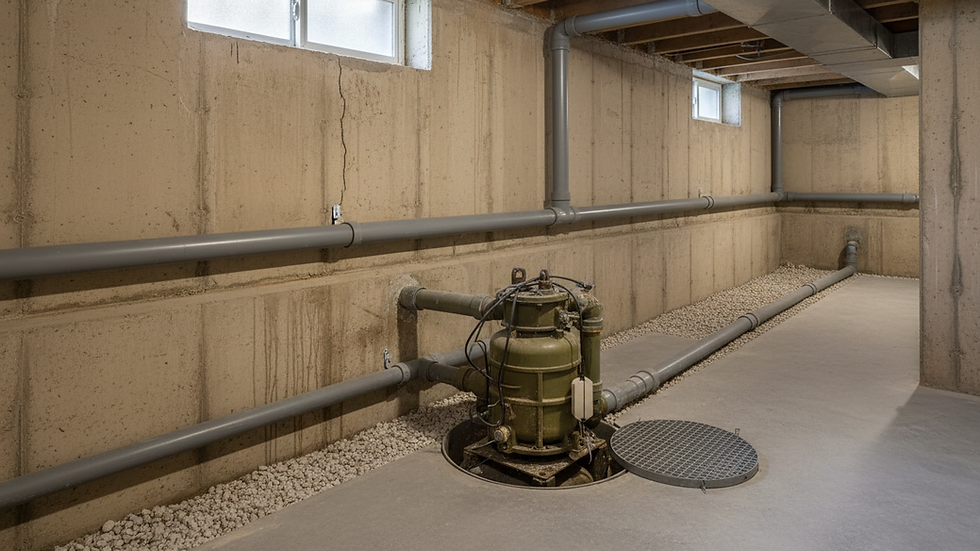 Eye-level view of basement interior with sump pump and drainage system