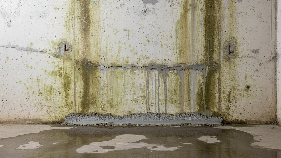 Eye-level view of basement wall with visible water stains and dampness