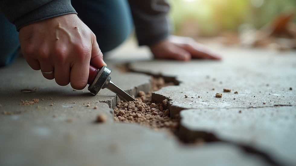 Close-up view of foundation crack being repaired