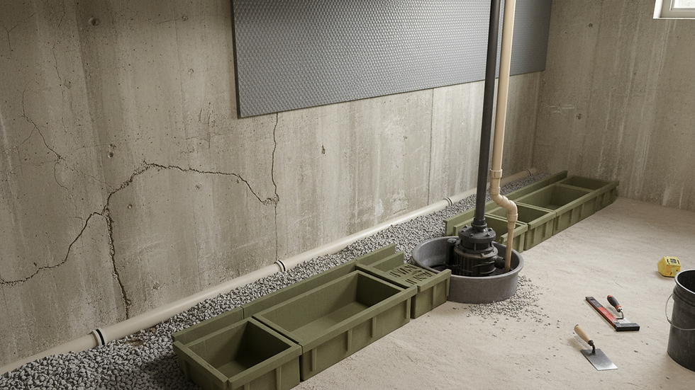 Eye-level view of a basement waterproofing system installation