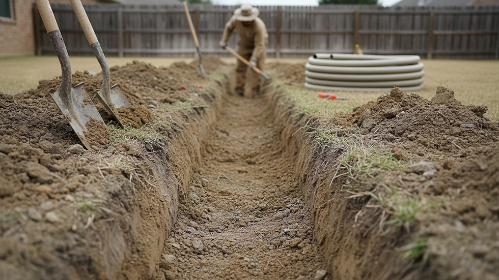 Eye-level view of a trench being dug in a backyard for drainage installation