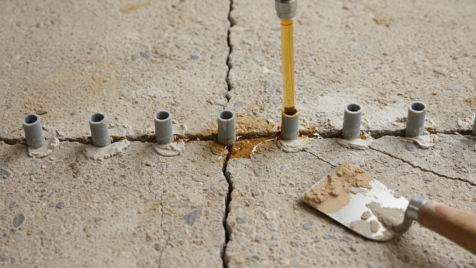 Close-up view of foundation crack being repaired with epoxy injection