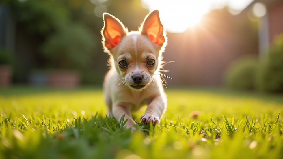 Eye-level view of a Chihuahua puppy playing in a sunny garden