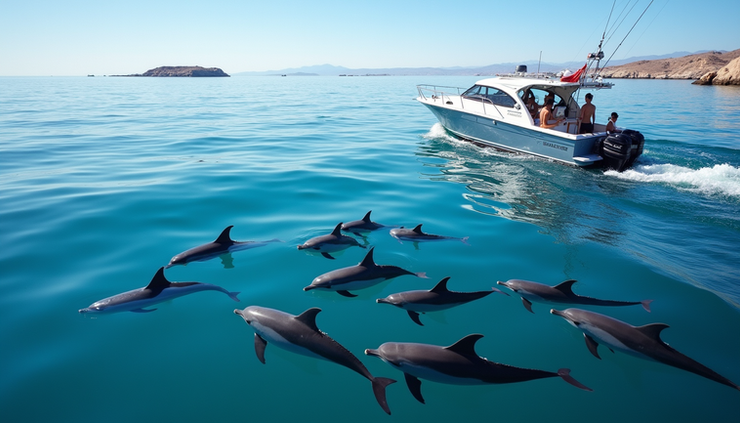 Eye-level view of a boat approaching a pod of dolphins in the clear blue waters of La Ventana