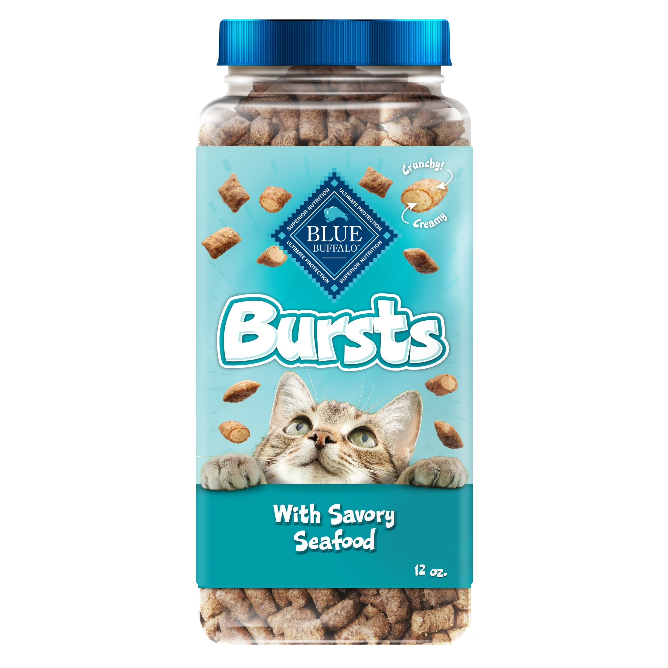 Bursts Crunchy & Creamy Cat Treats, Great for Training, Savory Seafood, 12-Oz Tu