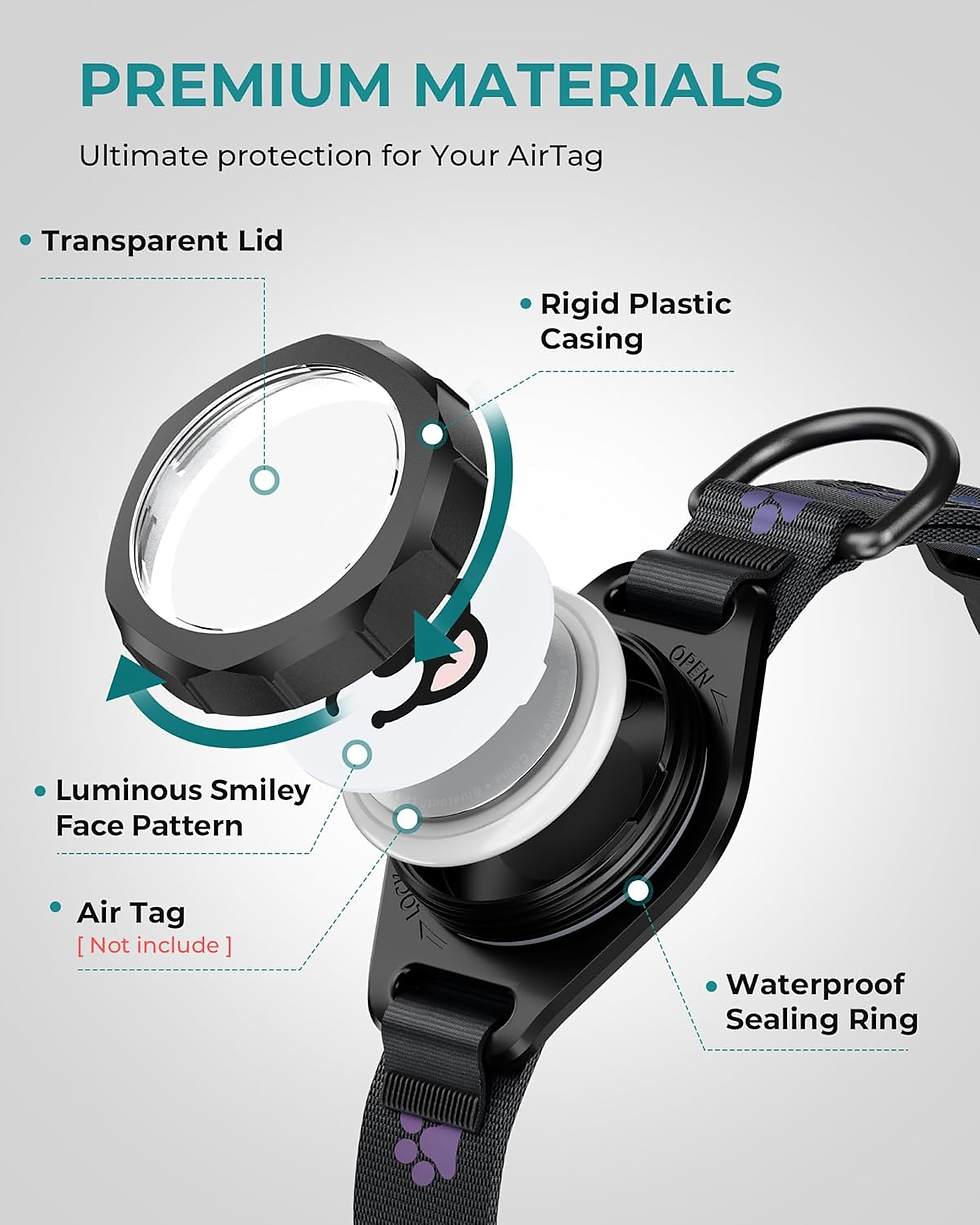 Thumbnail: Dog Collar with Airtag Holder, Adjustable, Twist-Lock Holder & Green Glow for Ni