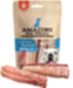 Dog treats packaging with a photo of a happy bulldog. Text: "Amazing Dog Treats," "Let Your Dog Smile for Awhile," "100% All Natural."