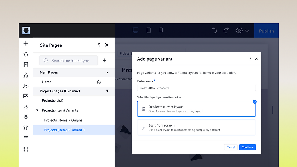 Create design and layout variants for item pages bound to the same collection