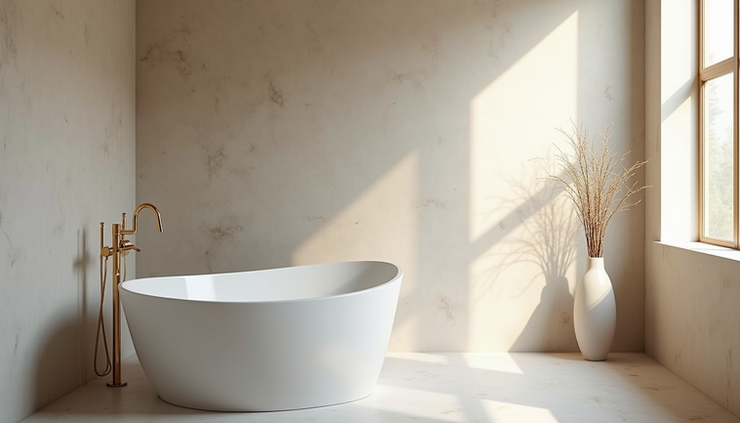 Eye-level view of a sleek freestanding bathtub with elegant gold fixtures