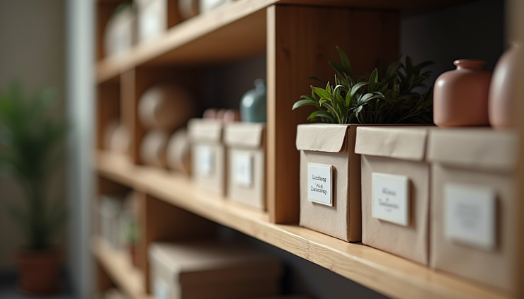 Close-up of a stylish shelving unit with labelled storage boxes and decorative items