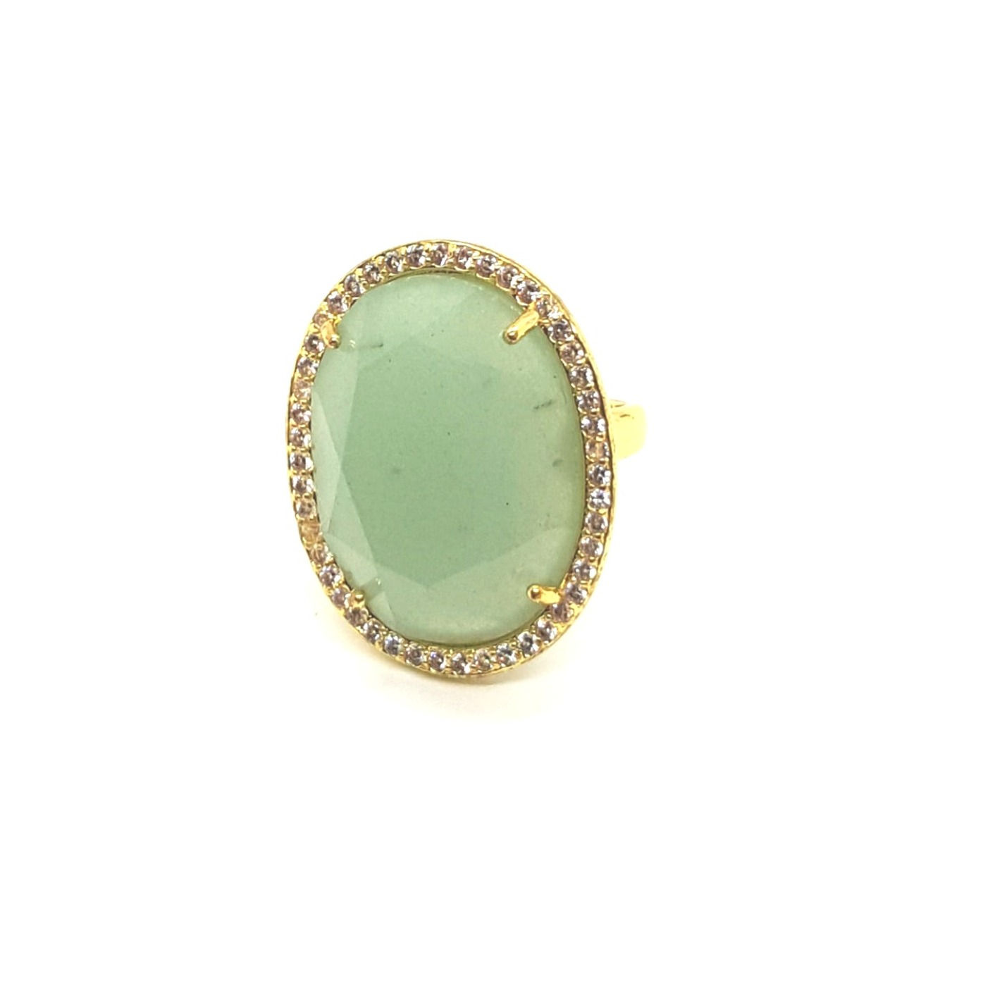 Large Oval Halo Pale Green Chalcedony and CZ ring