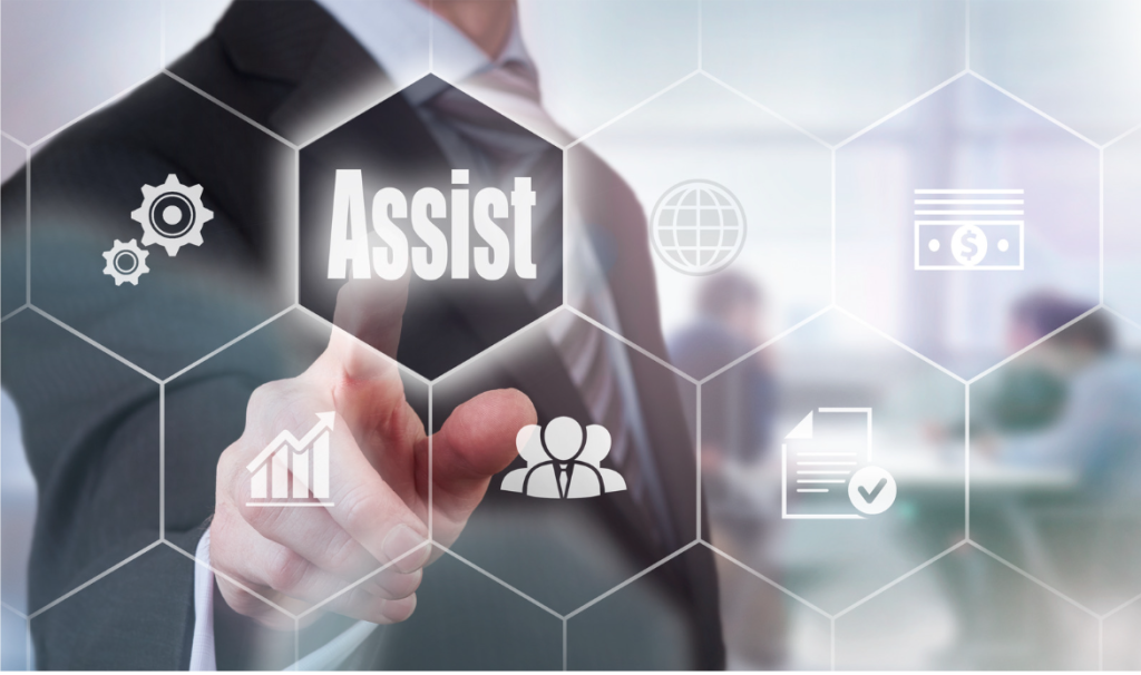 Person behind screen touching the word assist