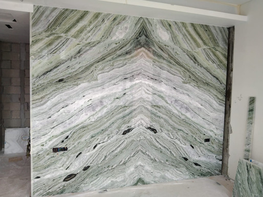 Natural Stone TV Feature Wall - Raggio Verde Onyx Book matching slabs
