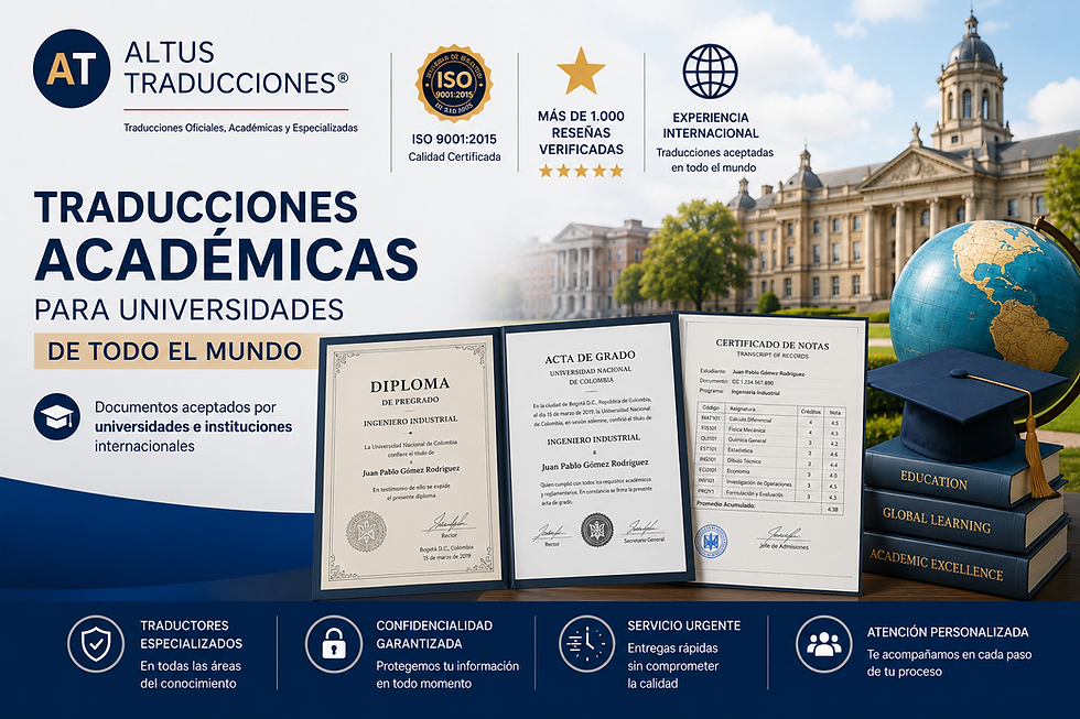 Traducciones académicas certificadas de diplomas, actas de grado y certificados de notas para universidades internacionales. Altus Traducciones® con Sistema de Gestión de Calidad ISO 9001:2015, más de 1.000 reseñas verificadas y servicio para estudios y homologación de títulos en el extranjero.