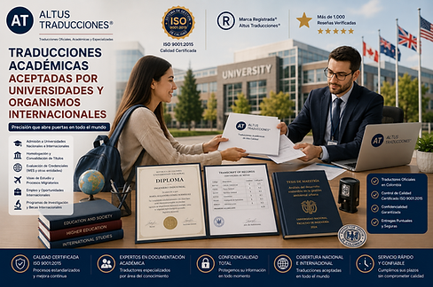Estudiante entregando un diploma universitario y un certificado de notas en una universidad internacional, mientras un funcionario revisa el expediente académico, representando las traducciones académicas oficiales de Altus Traducciones®, con certificación ISO 9001:2015, Marca Registrada® y más de 1.000 reseñas verificadas.