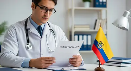 Médico en Colombia revisando un informe médico traducido por Altus Traducciones con terminología médica precisa y profesional.