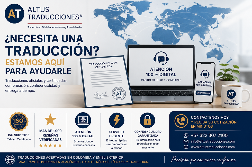 Ilustración de Altus Traducciones® ofreciendo traducciones profesionales con atención 100 % digital, servicio urgente, calidad certificada ISO 9001:2015 y más de 1.000 reseñas verificadas para clientes en Colombia y el mundo.