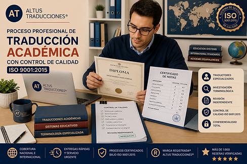 Traductor especializado revisando un diploma universitario y un certificado de notas mediante un proceso profesional de traducción académica con control de calidad ISO 9001:2015, Altus Traducciones®, Marca Registrada® y más de 1.000 reseñas verificadas.
