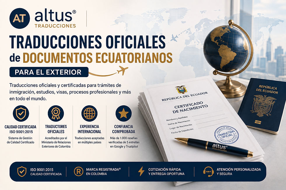 Altus Traducciones® – Traducciones oficiales de documentos ecuatorianos para el exterior, con certificación ISO 9001:2015, Traductores Oficiales acreditados por el Ministerio de Relaciones Exteriores de Colombia y más de 1.000 reseñas verificadas.