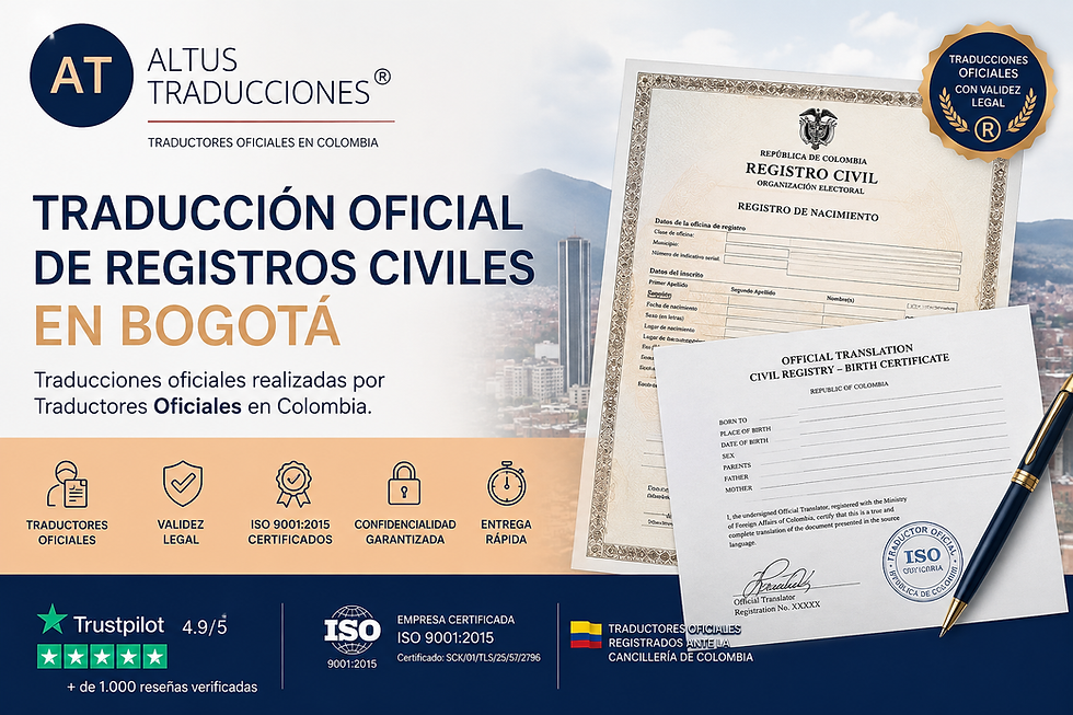 Traducción oficial de registros civiles en Bogotá realizada por traductores oficiales en Colombia, con certificación, sello profesional, ISO 9001:2015 y marca registrada Altus Traducciones®.