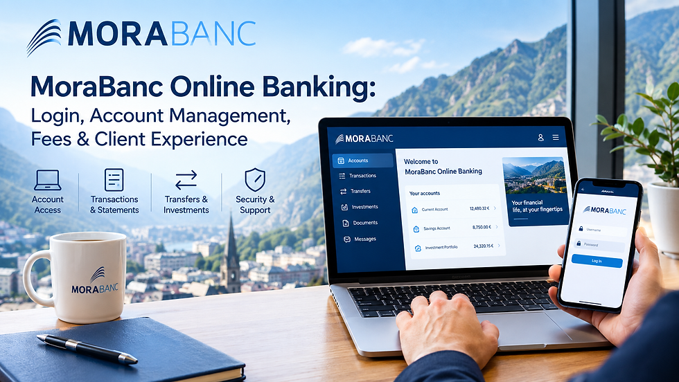 MoraBanc online banking on laptop and smartphone showing account management, transactions, transfers and investments, with Andorran mountains in the background.