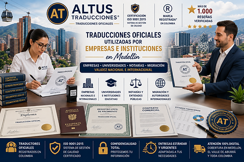 Infografía de traducciones oficiales para empresas, universidades y trámites internacionales en Medellín con Altus Traducciones®, ISO 9001:2015 y más de 1.000 reseñas verificadas.