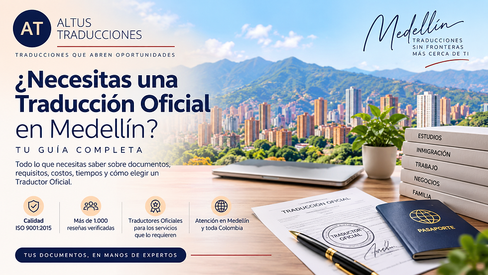 Traducción oficial en Medellín – guía completa de Altus Traducciones® con Traductores Oficiales, calidad ISO 9001:2015 y atención en Colombia