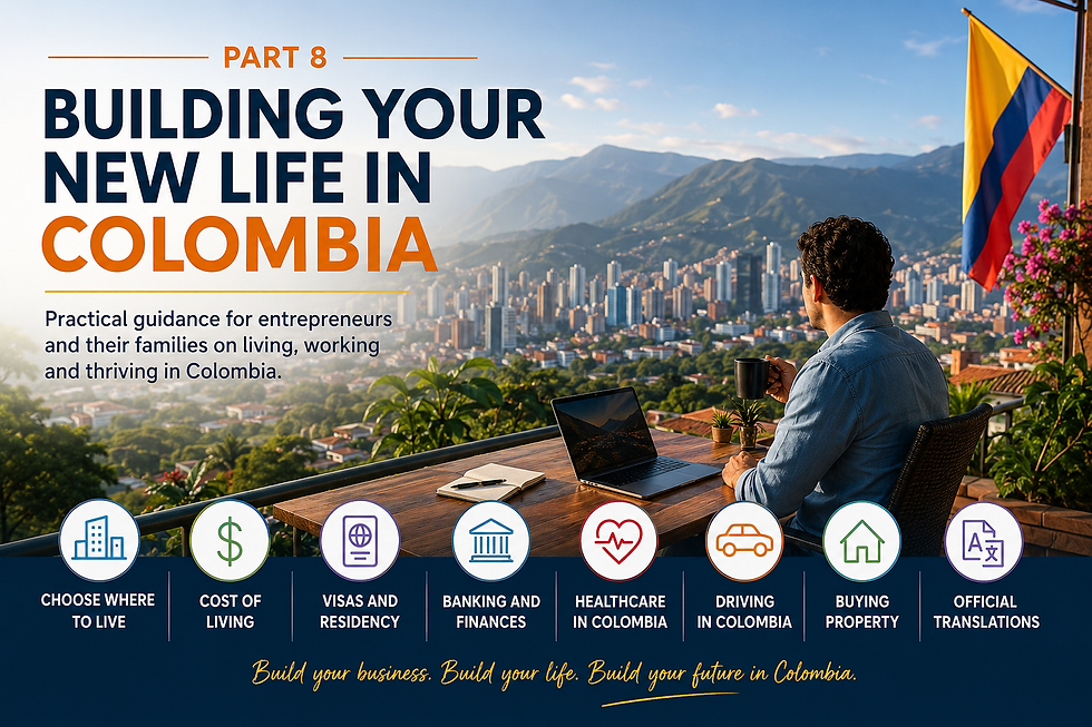 Foreign entrepreneur starting a business in Colombia overlooking the Bogotá skyline, representing investment, entrepreneurship and business opportunities in Colombia.