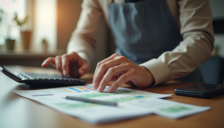 Close-up view of a small business owner counting cash and using a calculator on a desk