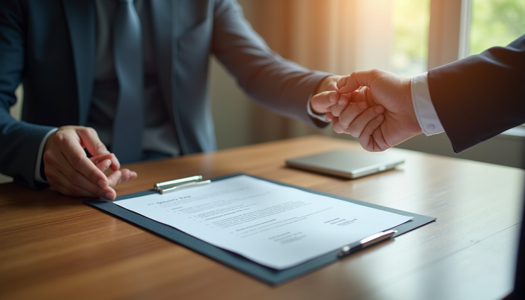 Close-up view of a share certificate being handed over on a wooden desk