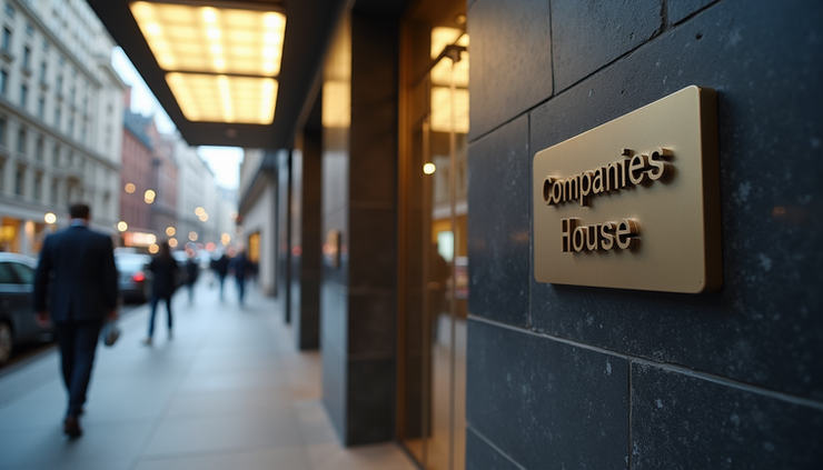 Eye-level view of a UK government building entrance with a sign for Companies House