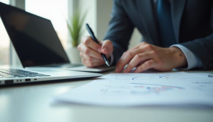 Eye-level view of a person reviewing company documents with a laptop and notes