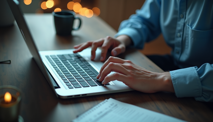 High angle view of a person analyzing company data on a laptop