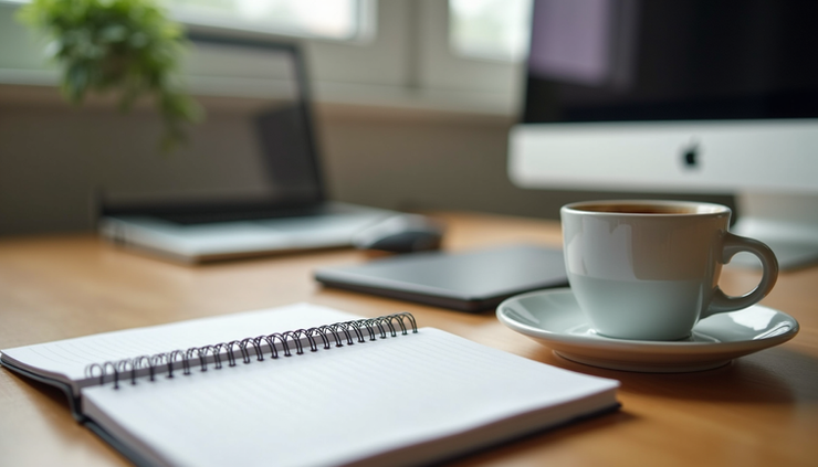 Eye-level view of a neat workspace with a laptop, notebook, and coffee cup