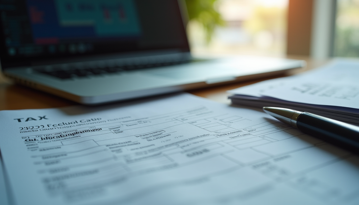 Eye-level view of a desk with a laptop showing tax software and financial documents