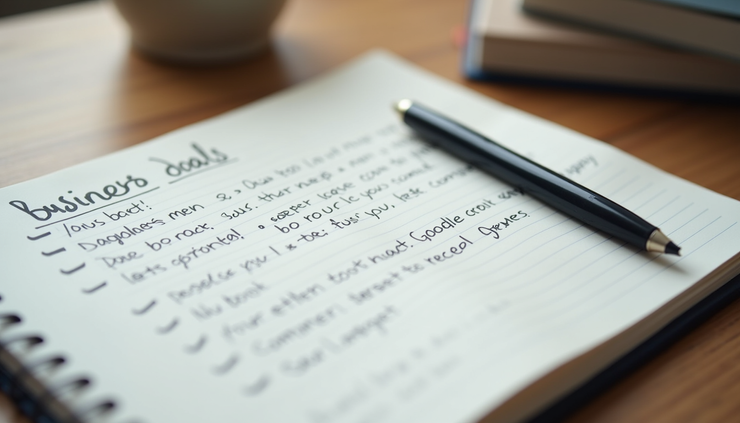 Close-up view of a notebook with handwritten business goals and a pen
