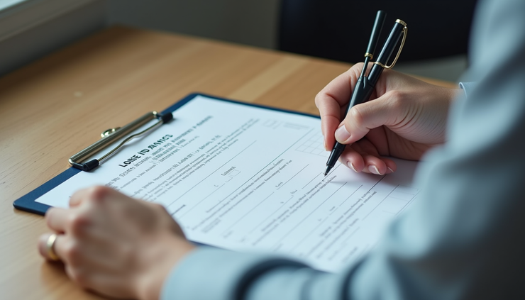 High angle view of a business owner filling out a license application form